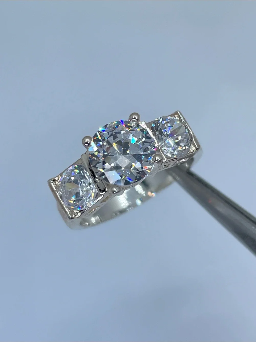 Swarovski Crystal Elements 3 Stone Ring Round Cut Silver Sz 6 Statement Bridal